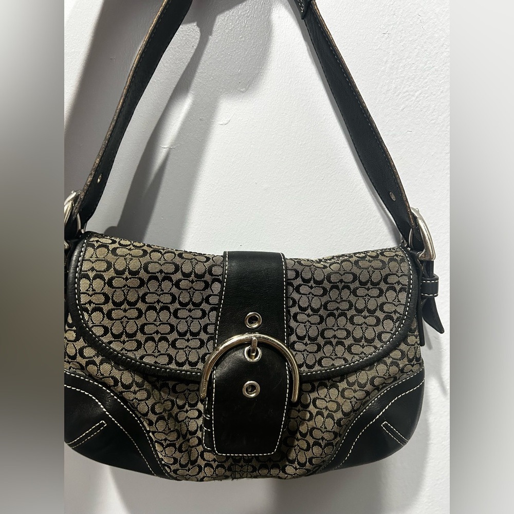 AUTHENTIC COACH SOHO BLACK LEATHER AND CANVAS HANDBAG PURSE